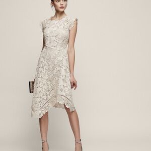 Reiss Lucy Asymmetric Lace Occasion Midi Dress in a warm cream hue- size 2